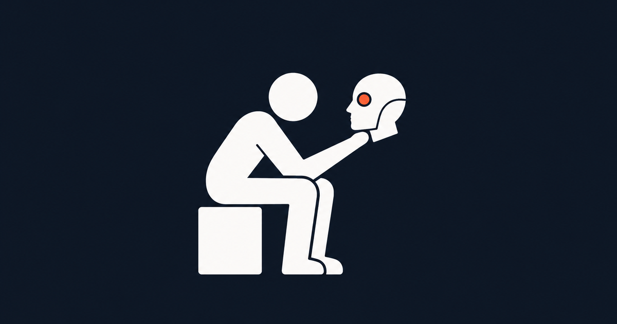 Pictogram of a seated worker contemplating a white robot head held at arm's length, in the pose of Hamlet holding Yorick's skull