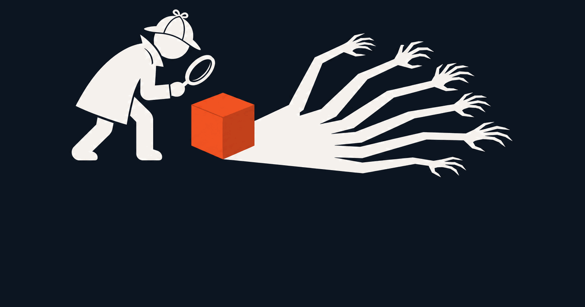 A detective figure inspects a plain cube with a magnifying glass while the cube casts a long shadow of many grasping arms
