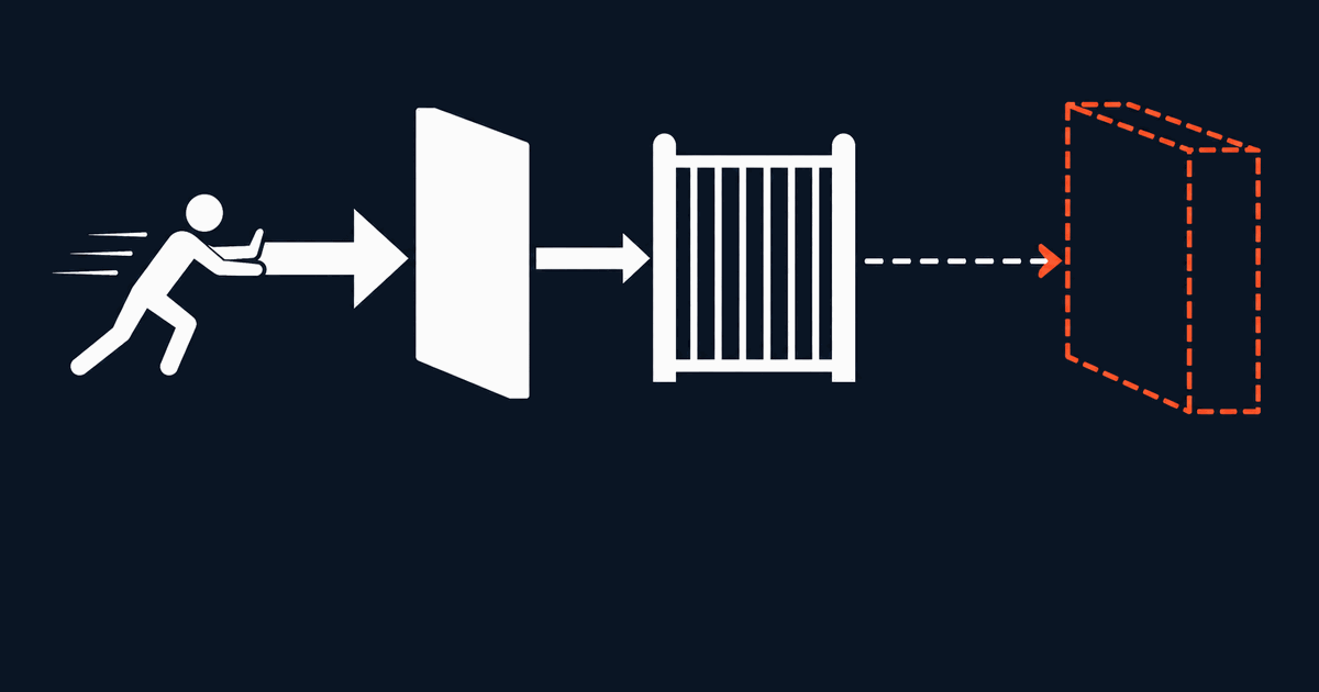 A pictogram figure pushes a request past three barriers of three different shapes: a solid slab, an open grille, and a third drawn only as a dashed outline